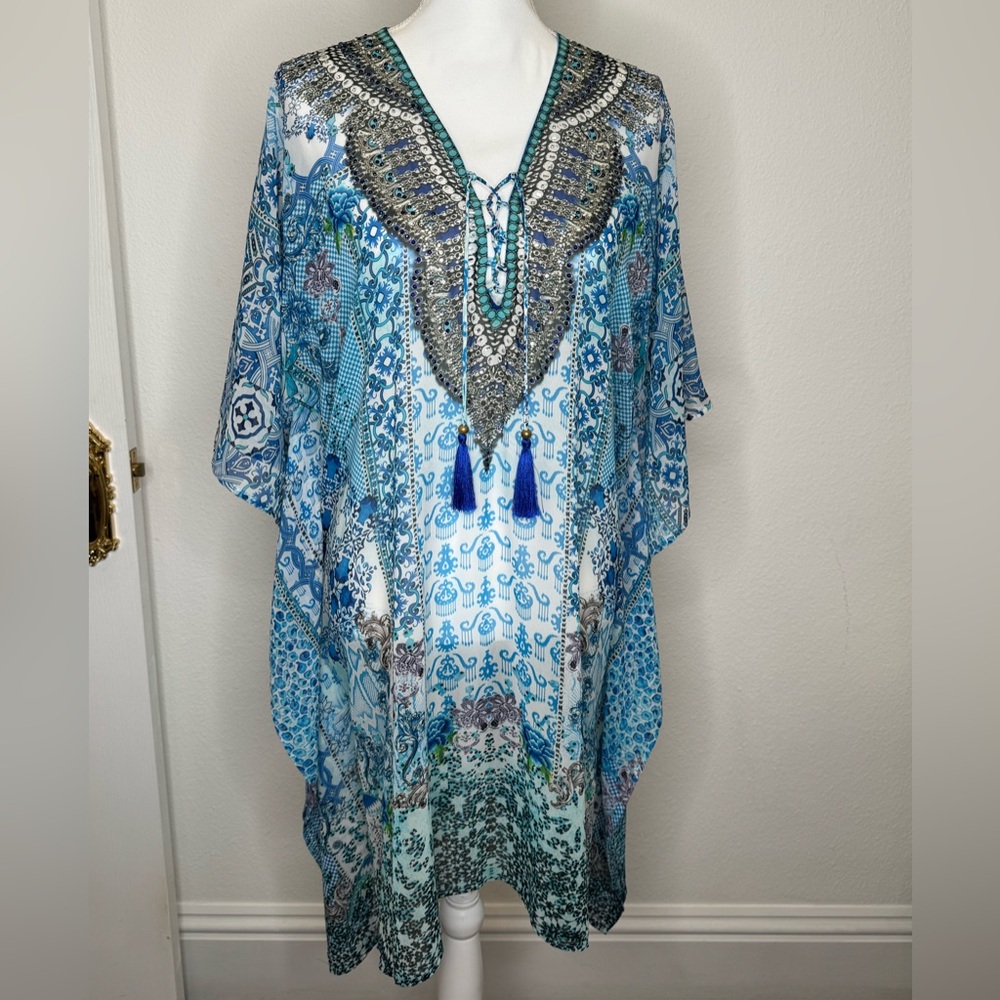 Bohemian Blue Kaftan Beach Cover Up with Jeweled Embellishments & Tassels